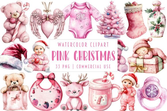 Baby’s 1st Pink Christmas Clipart for Illustrations