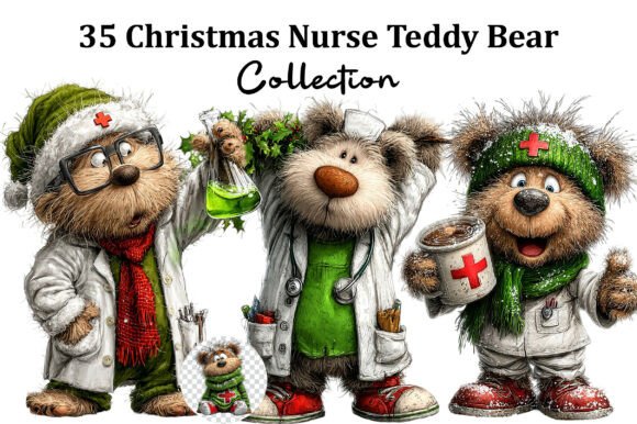 Christmas Nurse Teddy Bear Clipart: Branding & Illustrations