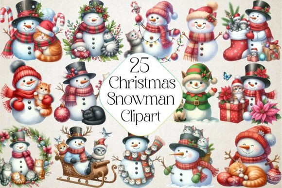 Christmas Snowman with Cats Sublimation Illustrations