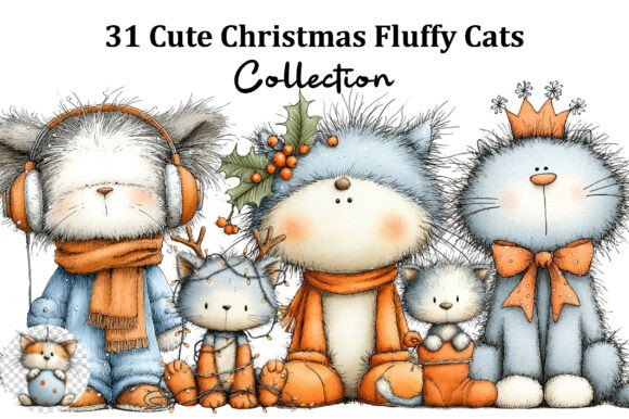 Cute Christmas Fluffy Cats Sublimation Illustrations