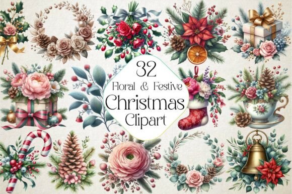 Floral Festive Christmas Clipart: Elegant Illustrations