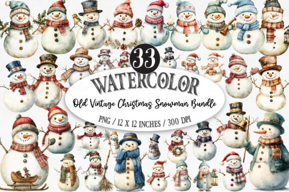 Old Vintage Christmas Snowman Bundle Illustrations