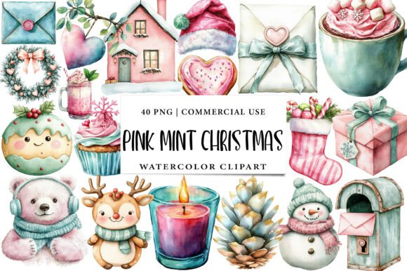 Pink and Mint Christmas Clipart for Festive Illustrations