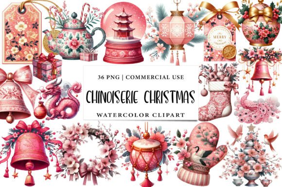 Pink Chinoiserie Christmas Clipart: Illustrations for Branding