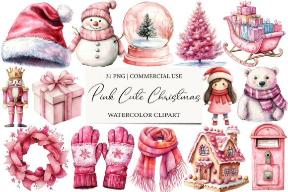 Pink Sweet Cute Christmas Clipart Bundle Illustrations