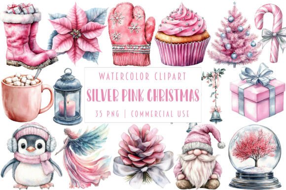 Silver Pink Christmas Clipart: Illustrations for Sellers