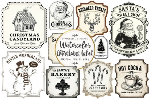 Vintage Christmas Labels: Sublimation & Illustrations