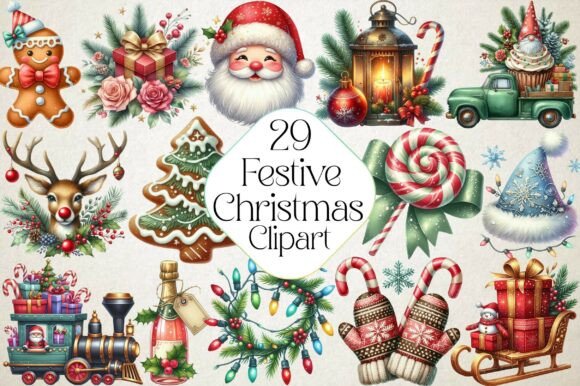 Watercolor Festive Christmas Clipart & Illustrations