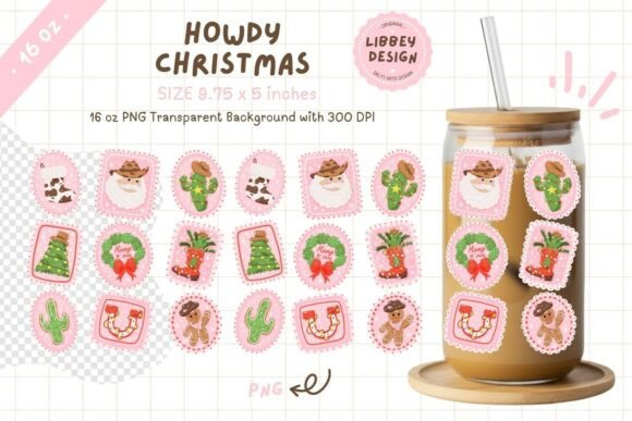 Western Christmas 16oz Libbey Can Wrap Illustrations