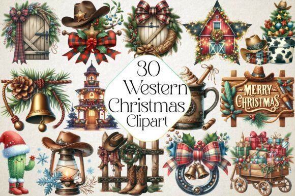 Western Christmas Clipart PNG: Illustrations for Sellers