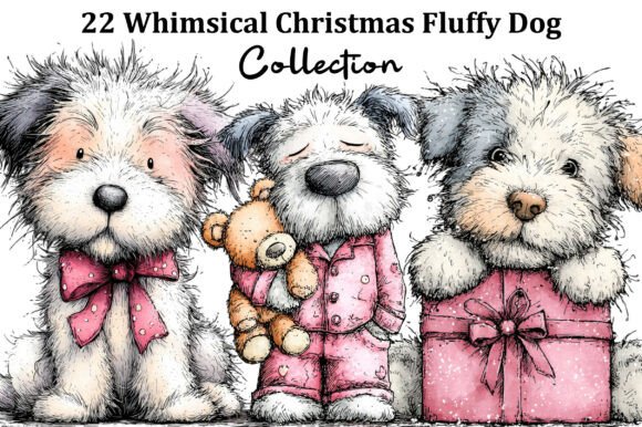 Whimsical Christmas Fluffy Dog Clipart for Illustrations