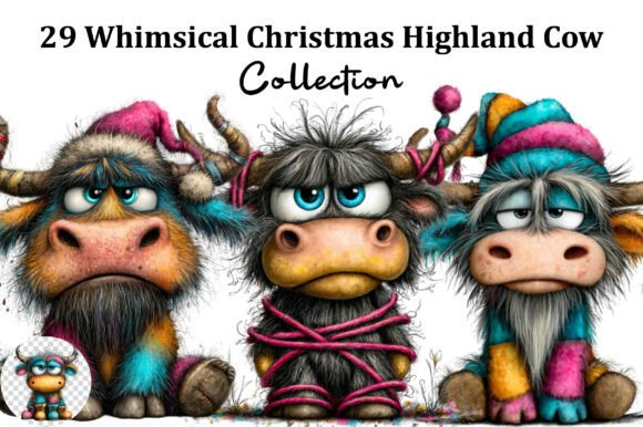 Whimsical Christmas Highland Cow Clipart for Illustrations