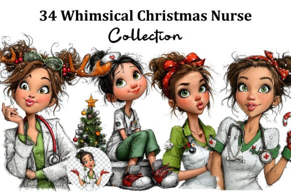 Whimsical Christmas Nurse Clipart: Festive Illustrations