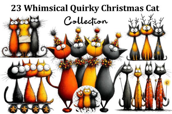 Whimsical Quirky Christmas Cat Gang Illustrations